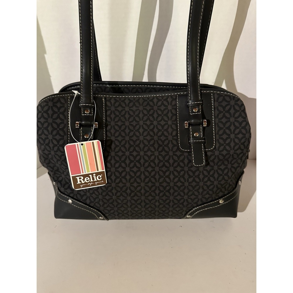 Relic Handbag Black Logo Shop Tote Faux Leather Trim Dual Handles NWT‎
